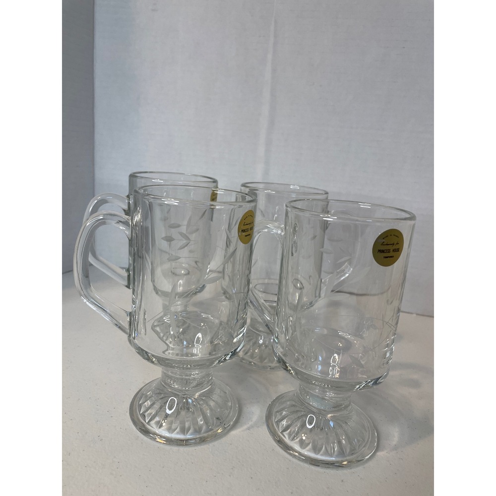 Vintage Princess House Heritage Crystal Footed Mugs 4 Tempered Glass France5.5"
